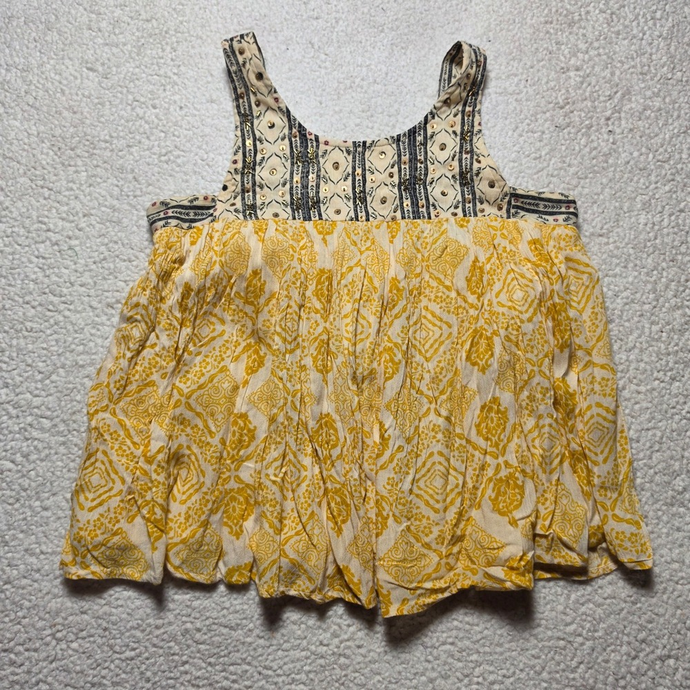 Bohera Yellow Boho Damask Print Sequin Embellished Babydoll Tank Top Small